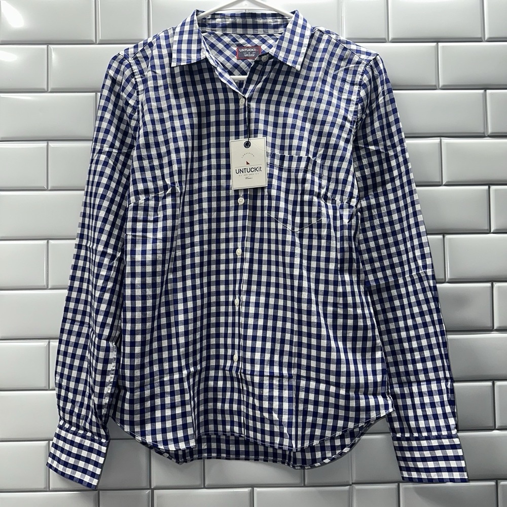 NWT Untuckit Women's Size 4 Long Sleeve Button Up Blue White Check Belleza